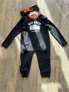Life Is Good Black 'Boo Crew' Jogger Set with Orange Trim and Headband